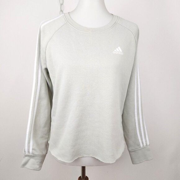 Adidas Essentials 3 Stripes Pullover Sweatshirt Taupe Raw Cut Hem Womens M - Picture 1 of 6